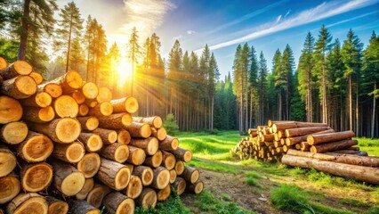 Aufkleber - Stacks of freshly cut logs in a sun-drenched forest, a visual contrast of natural beauty and human intervention