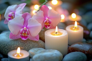 Wall Mural - A group of candles sit atop a pile of rocks