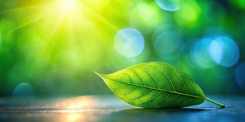 Aufkleber - Single Green Leaf Resting on Wooden Surface with Sun Rays and Blurry Green and Blue Background