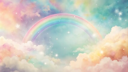 Aufkleber - A Dreamy Rainbow Arcing Through Pastel Clouds With Shimmering Stars and Soft Hues