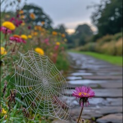 Wall Mural - Dew-covered spider web glistens next to blooming flowers