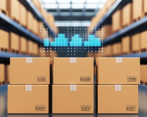 a modern warehouse featuring stacked boxes and digital graphs representing inventory management and 
