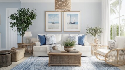 Wall Mural - A serene living room with coastal decor, featuring light colors and natural elements.