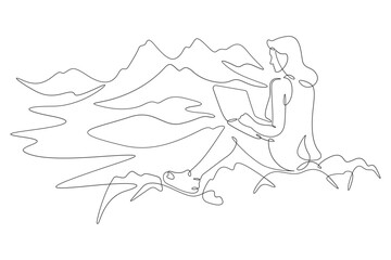 Wall Mural - Continuous one line drawing woman with laptop sits in nature. Mountain landscape. Woman working on vacation. Tourism.Travel. One continuous line isolated minimal illustration.Not AI.