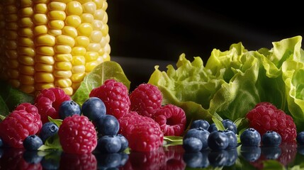 Poster - A variety of fresh fruits and vegetables arranged in a visually appealing way, emphasizing their vivid colors and the natural goodness they offer as part of a balanced diet.