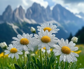 Wall Mural - Daisies glisten in the morning dew with mountains behind