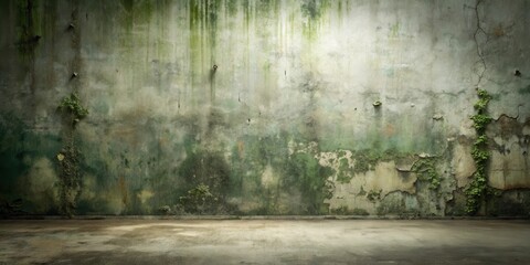 Aufkleber - A weathered concrete wall with peeling paint, cracks, and patches of moss, revealing the history of the structure and its exposure to nature's elements.