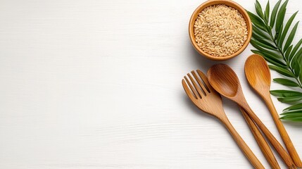 Wall Mural - Wooden Utensils and Rice Grains on White Background