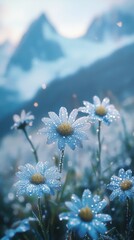 Wall Mural - Dew-kissed flowers bloom amidst mountain landscape at dawn