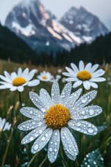 Wall Mural - Dewy daisies bloom in a mountain meadow at dawn