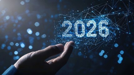 Wall Mural - digital hand holding holographic number 2026 floating in a futuristic space with glowing particles a