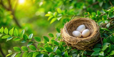 Aufkleber - A delicate bird's nest nestled amongst vibrant green foliage, cradling three pristine white eggs, bathed in the warm glow of the morning sun