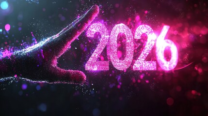 Wall Mural - futuristic hand reaching toward floating holographic numbers representing the year 2026 with colorfu