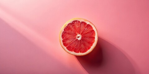 Aufkleber - A single grapefruit slice on a pink background, the fruit is sliced in half and the pink flesh is illuminated by a ray of light.