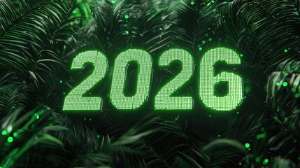 Wall Mural - futuristic digital background with hologram effect featuring 2026 in vibrant green amidst lush tropi