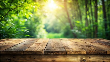 Aufkleber - Wooden table with a blurred background of lush green foliage and sunlight peeking through the branches