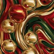 © EddieSnapix - Colorful orbs of gold and red float atop a rich green and deep red marbled background, creating a lively and dynamic abstract design reminiscent of the holiday season