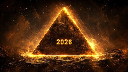Wall Mural - futuristic digital technology background with a holographic triangle displaying the year 2026 in fie