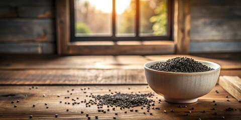Aufkleber - A bowl of black seeds on a wooden surface with scattered seeds and a blurred window in the background.