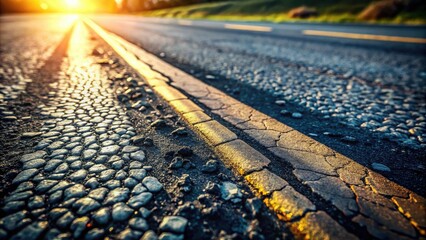 Aufkleber - A close-up of a cracked asphalt road with a double yellow line, illuminated by the warm glow of the setting sun.