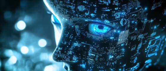 Wall Mural - artificial intelligence concept with a futuristic human face displaying digital data and glowing blu