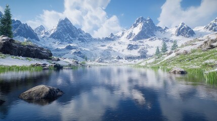 Canvas Print - Majestic snowy mountains reflecting in a tranquil lake