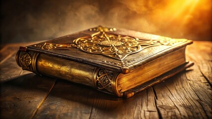 Poster - An ornate leather-bound book, with gilded edges and intricate metalwork, rests upon a rustic wooden table, bathed in warm, ethereal light.