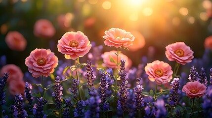 Wall Mural - Sunset garden, pink flowers, lavender, bokeh, nature, floral, romance, summer