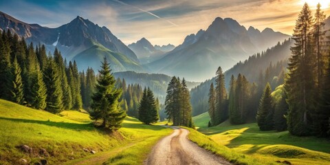 Aufkleber - A winding gravel path meanders through a verdant valley, framed by towering evergreen trees and majestic mountain peaks bathed in the warm glow of a golden sunset.