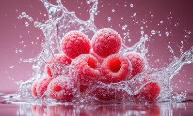 Wall Mural - Fresh raspberries splashing in water