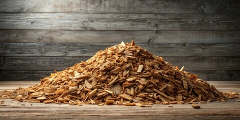 Aufkleber - A Pile of Wood Chips on a Rustic Wooden Tabletop, Creating a Natural and Organic Background