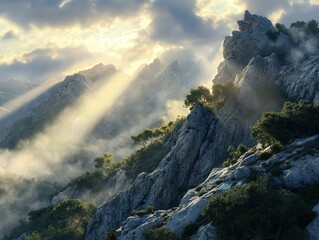 Canvas Print - Majestic mountain landscape with sunlight breaking through clouds