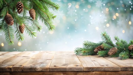 Aufkleber - Rustic Wooden Tabletop with Pine Branches and Pine Cones, A Winter Wonderland Backdrop