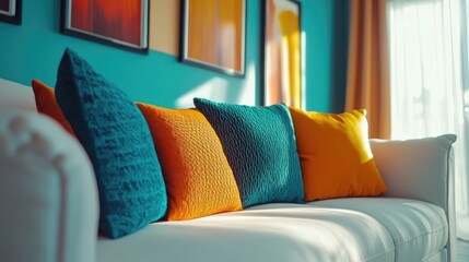 Wall Mural - White Couch with Orange and Blue Pillows