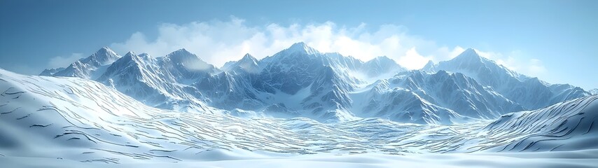 Naklejka na meble Majestic snow-capped mountains rise under a clear blue sky, creating a serene winter landscape filled with soft white snow and gentle shadows.