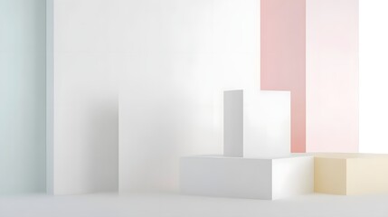 Poster - Minimalist Geometric Composition of Cubes and Rectangles in Soft Pastel Tones