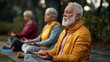 © Phongsri - A group of seniors practicing yoga in a scenic outdoor parkphotorealistic portrait,