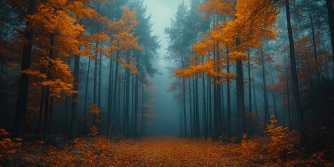 Wall Mural - Enchanting Fall Foliage Blankets the Forest Floor with Ethereal Fog Rolling Through Towering Trees in a Serene Atmosphere