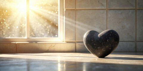 Poster - A stone heart shaped object sits on a counter top bathed in warm sunlight streaming through a window