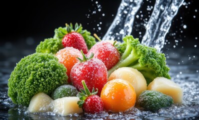 Sticker - Fresh colorful vegetables and fruits with water splash