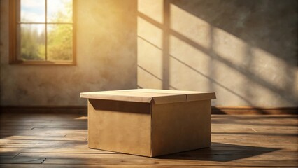 Poster - A Cardboard Box Rests on a Wooden Floor Bathed in Warm Sunlight Streaming Through a Window