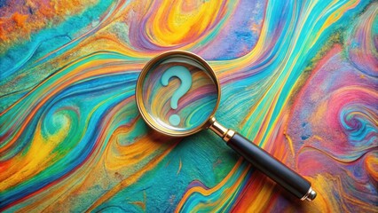 Aufkleber - A magnifying glass reveals a question mark against a vibrant abstract background of swirling colors.