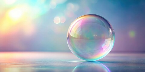 Fototapete - A translucent iridescent sphere rests on a smooth surface, reflecting the soft glow of an ethereal background.