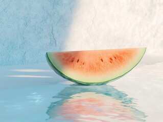 Wall Mural - Fresh watermelon slice resting on a reflective surface with soft lighting and textured background