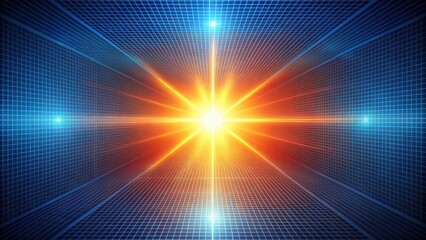 Fototapete - A futuristic perspective of a grid-like tunnel leading towards a bright, orange light source, representing the possibilities of technological advancements and the boundless nature of innovation.