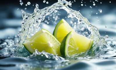 Wall Mural - Fresh lime slices splashing in water