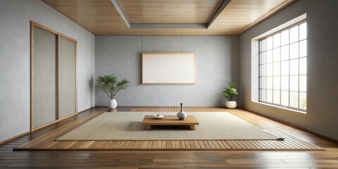 Poster - A minimalist Japanese-style living room with a wooden floor, tatami mat, large windows, sliding doors, and a simple coffee table