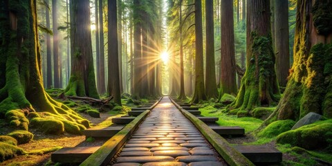 Aufkleber - A sunlit path winds through a lush forest, with towering trees draped in moss and a golden glow emanating from the trees