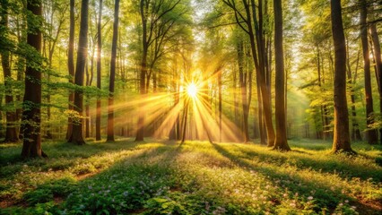 Poster - Golden Sunlight Streams Through a Canopy of Lush Green Trees, Illuminating a Forest Floor Covered in Delicate Wildflowers