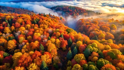 Poster - Autumnal Forest Canopy Bathed in Morning Mist, A Symphony of Crimson, Gold, and Emerald Hues